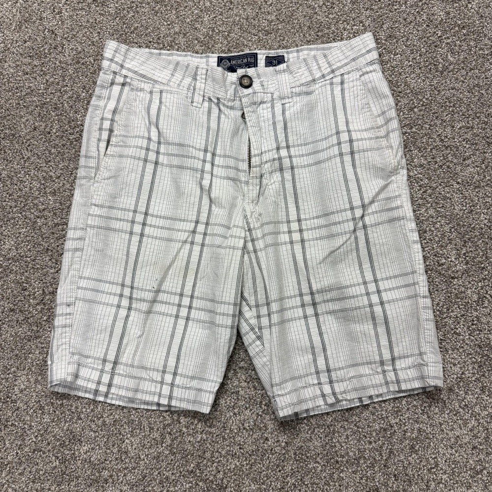 Y2K American Rag Chino Shorts Mens 31 White Cotton Plaid Slim Fit Casual Summer